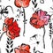 Seamless pattern with watercolor red poppies and grungy plants on white background