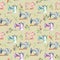 Seamless pattern with watercolor retro sewing machines and floral elements