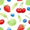 Seamless pattern with watercolor ripe strawberry, cherry, blueberry, leaves. Bright summer berries for Birthday postcard, Greeting