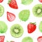 Seamless pattern with Watercolor ripe strawberry, leaves, kiwi. Bright summer berries and fruits  for Birthday postcard