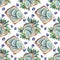 Seamless pattern watercolor sandwich with cucumber and bread, green leaves, berries blueberry on white background