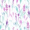 Seamless pattern with watercolor simple lavender, purple and mint plants
