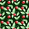 Seamless pattern of watercolor single Cherries on green background. Hand drawn bright texture, images of berry in sketch style