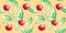 Seamless pattern of watercolor single Cherries on yellow background. Hand drawn bright texture, images of berry in sketch style