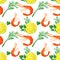 Seamless pattern with watercolor slices of lemon, shrimps, dill and parsley