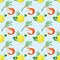 Seamless pattern with watercolor slices of lemon, shrimps, dill and parsley