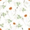 Seamless pattern of watercolor small field wild orange and green flowers on a white background.
