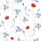 Seamless pattern of watercolor small field wild red and blue flowers on a white background.