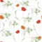 Seamless pattern of watercolor small field wild red orange green flowers on a white background.