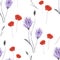 Seamless pattern of watercolor small wild red flowers and violet bouquets on a white background.