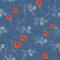 Seamless pattern of watercolor small wild red, gray flowers and bouquets on a dark blue background.