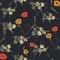 Seamless pattern of watercolor small wild red orange yellow flowers and bouquets on a black background.