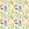 Seamless pattern with watercolor smart schoolgirl, books and stationery objects