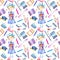 Seamless pattern with watercolor smart schoolgirl, books and stationery objects