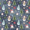 Seamless pattern with watercolor snowman on sleigh, christmas tree, giftes and snowflakes on gray background