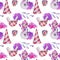 Seamless pattern of watercolor snowmen and Christmas decorations