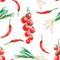 Seamless pattern with watercolor spices - chili pepper and cherry tomatoes.