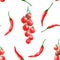 Seamless pattern with watercolor spices - chili pepper and cherry tomatoes.