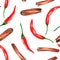 Seamless pattern with watercolor spices - cinnamon and chili pepper. Decorative colorful composition.