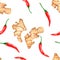 Seamless pattern with watercolor spices - ginger and hot red chili pepper. ideal for printing, packaging and fabric.