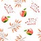 Seamless pattern with watercolor sprigs, leaves, berries, apples. Illustration isolated on white. Hand drawn autumn items