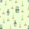 Seamless pattern with watercolor spring green plant sprouts from the soil and crocus flowers in the buckets
