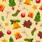 Seamless pattern with watercolor spruce, bell, gift, candies, decorations. Hand drawn illustration isolated