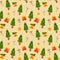 Seamless pattern with watercolor spruce, bell, gift, candies, decorations. Hand drawn illustration isolated