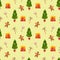 Seamless pattern with watercolor spruce, ginger man, gift, candies. Hand drawn illustration isolated. Template