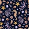 Seamless pattern with watercolor stones, shells, seaweed, sea horse, starfish. Hand drawn illustration isolated on dark blue