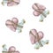 Seamless pattern. Watercolor style old fashioned cars with tied stuffed hearts and ropes