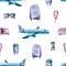Seamless pattern with watercolor suitcase, ticket, coffee, sunglasses, plane. Hand painted illustration isolated on white
