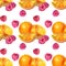 Seamless pattern watercolor summer composition fruit orange slice and berries raspberry on white background. Hand-drawn