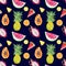 Seamless pattern with watercolor summer exotic fruits - watermelon slice, pineapple, papaya, dragon fruit on navy blue background