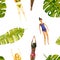 Seamless pattern with watercolor summer girls and leaves. Hand drawn illustration is isolated on white. Painted relaxing women....