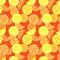 Seamless pattern with watercolor summer lemon fruits . Citrus slice, lemon, orange on warm red background. Tropical fruits