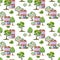 Seamless pattern with watercolor summer trees, houses. Hand drawn green plants, building, town for background, wallpaper, textile