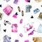 Seamless pattern with watercolor summer women`s clothing and accessories