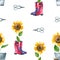Seamless pattern with watercolor sunflower in bucket and boots. Hand drawn illustration is isolated on white. Sunny flowers
