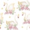 Seamless pattern of watercolor swans and bouquets of roses