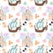 Seamless pattern with watercolor sweets and attractions from the amusement park, attributes of magic kingdom