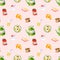 Seamless pattern with watercolor teapot, jam, croissant, sugar, butter, coffee, juice, cereals. Hand drawn illustration