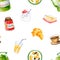 Seamless pattern with watercolor teapot, jam, croissant, sugar, butter, coffee, juice, cereals. Hand drawn illustration