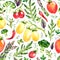 Seamless pattern with watercolor tomatoes, pepper, herbs, arugula