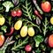 Seamless pattern with watercolor tomatoes, pepper, herbs, arugula