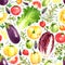 Seamless pattern with watercolor tomatoes, pepper, herbs, lettuce, eggplant