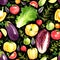 Seamless pattern with watercolor tomatoes, pepper, herbs, lettuce, eggplant