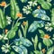 Seamless pattern with watercolor tropical plants and flowers