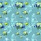 Seamless pattern of watercolor tropical Sea Fishes of coral reefs blue yellow green colors, blue starfish, water plants isolated