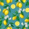 Seamless pattern with watercolor vintage lemon branches  with flowers and fruits on blue background.